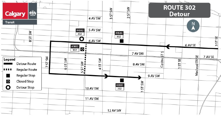 calgarytransit's tweet photo. #CTRiders, due to LRT track maintenance over the long weekend, the #Route302 will be on detour starting today Fri May 15 @ 6PM until end of service on Mon May 18. Please see below for a map and bus directions, as well as more info here: https://t.co/K0Ya9JMDxP https://t.co/tSovnKmgrR