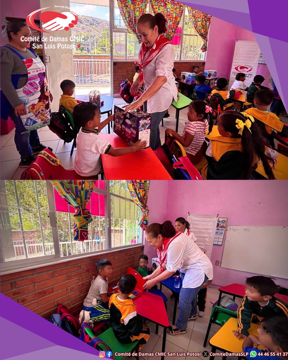 ComiteDamasSLP's tweet photo. El Comité de Damas CMIC San Luis Potosí llevó a cabo esta mañana la segunda entrega de juguetes del Juguetón 2026, compartiendo momentos de alegría y cercanía con las niñas y niños del Jardín de Niños Manuel José Othón, ubicado en la comunidad de La Maroma, Escalerillas. 🧸✨ https://t.co/lIPctn1bDO