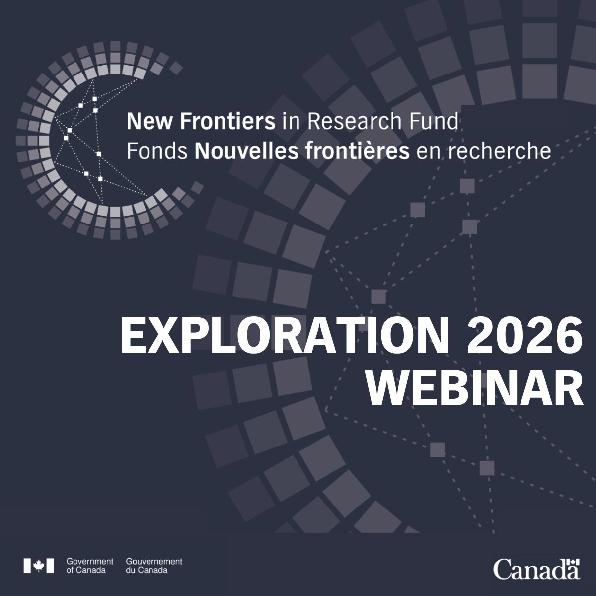 Promotional graphic for Exploration 2026 Webinar, part of New Frontiers in Research Fund.