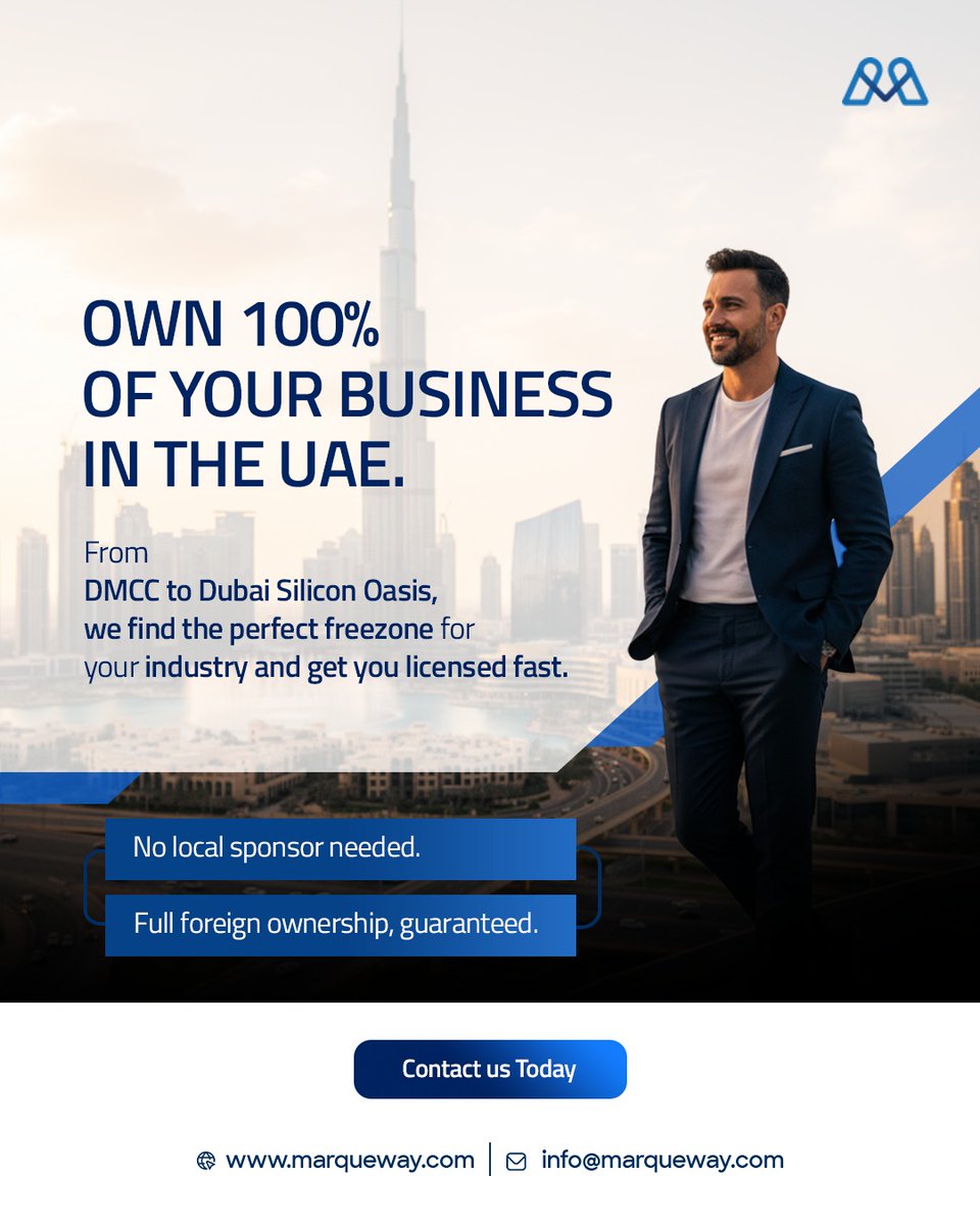 marquewaygroup's tweet photo. Own 100% of your business in the UAE without the need for a local sponsor.

From DMCC to Dubai Silicon Oasis, Marqueway helps you choose the right free zone based on your industry, business goals, and budget — with fast and hassle-free licensing support.

Start your UAE business https://t.co/pxyu2LtwTR