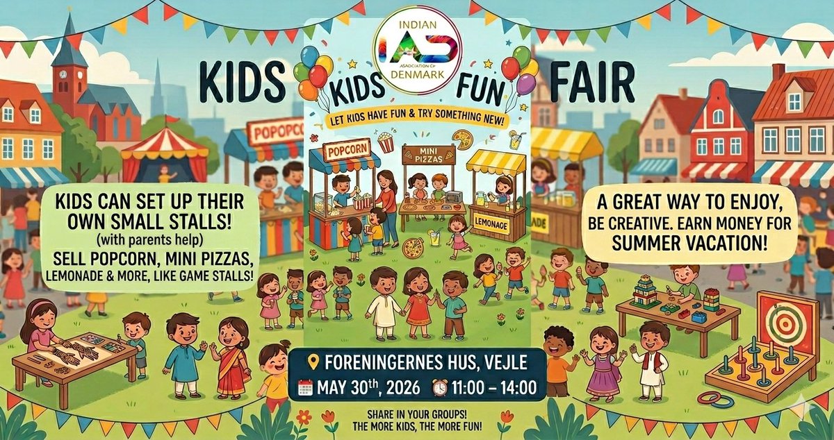 IndianDenmark's tweet photo. Join us for a joyful day full of creativity, fun, and little entrepreneurs! 🎉👧👦

🎈 *OPEN FOR ALL* — bring your friends, family, and smiles!
✅ FREE entry
https://t.co/jSZE5R9i6t

#KidsFunFair #VejleEvents #IndianAssociationDenmark #FamilyFun #KidsEntrepreneurs #FunDayOut https://t.co/FDzUJAoyTQ