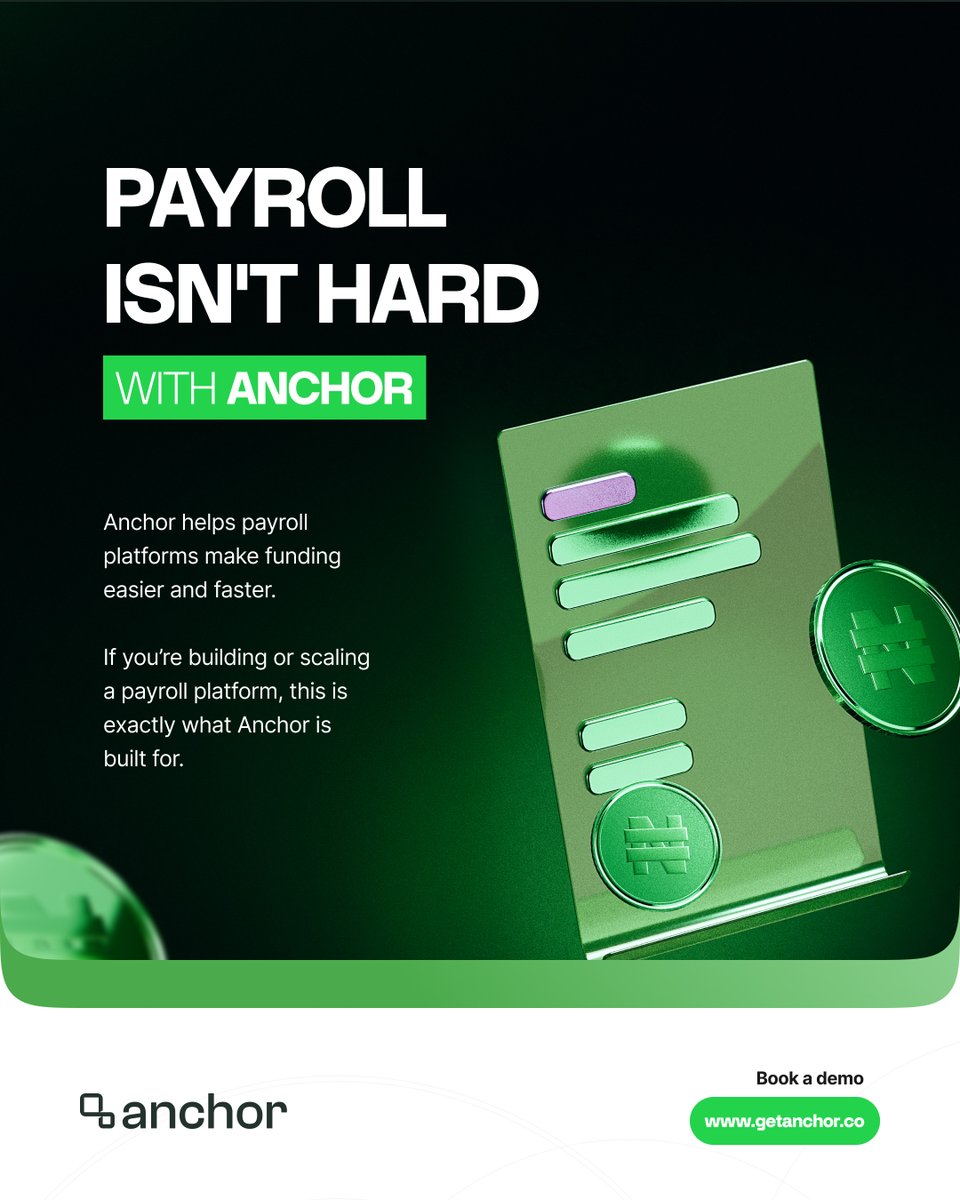 anchor_build's tweet photo. With Anchor, payroll platforms can automate employer funding so every payment is instantly recognized and salary processing kicks off immediately.
Get started here: https://t.co/RZLlQijoeC
#buildwithanchor https://t.co/1BlN3ZYgAg