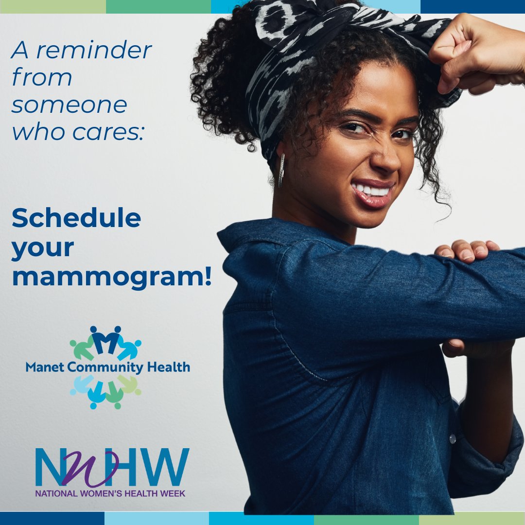 ManetCommunity's tweet photo. This #NationalWomens Health Week, remind someone you love to #getscreened. Regular cancer screenings can help detect cancer early, when treatment is often most effective. If you’re a Manet patient, call our radiology center in N Quincy at 617-376-3000 to schedule an appt today. https://t.co/wuYbzha0rH