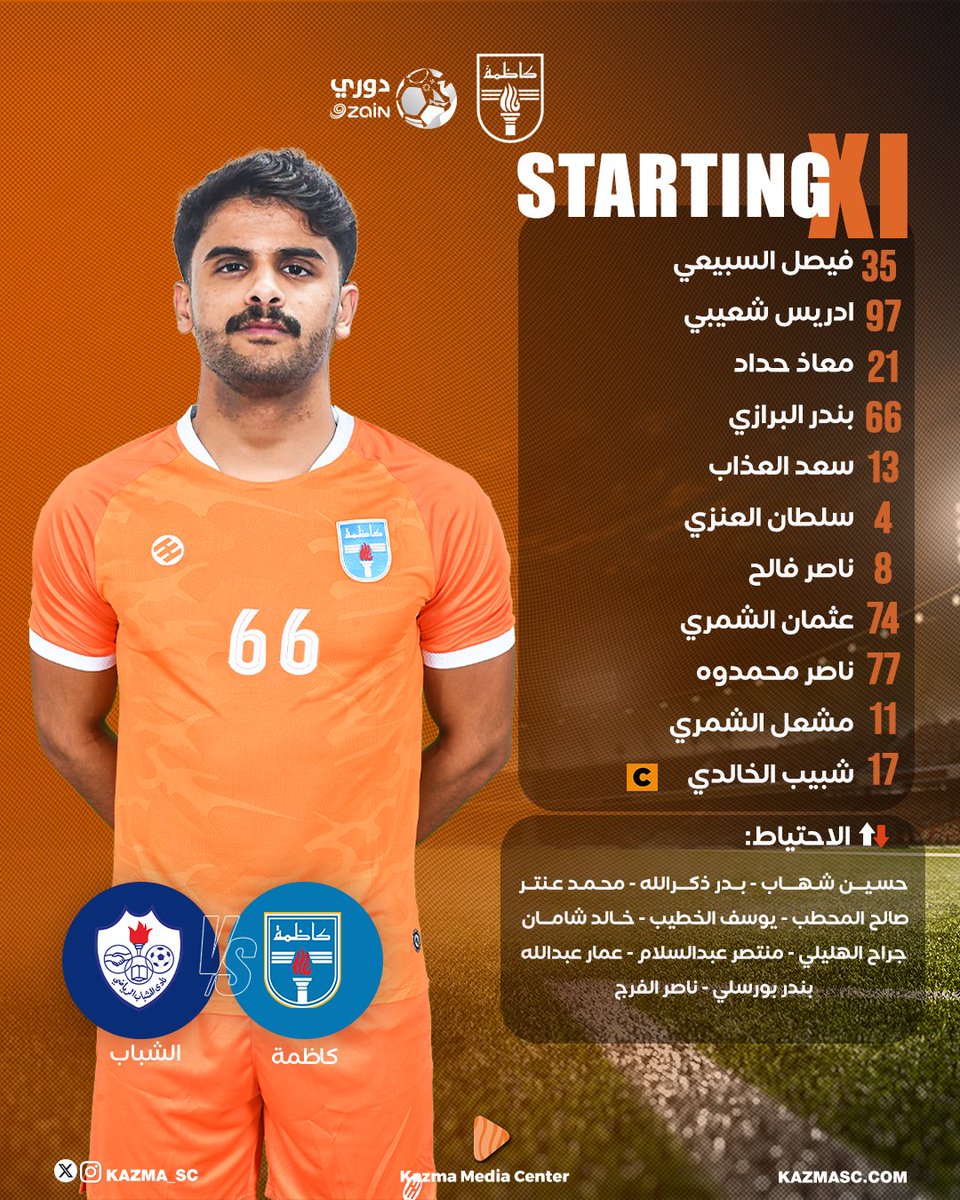 Kazma_SC's tweet photo. 📋 تشكيلة #السفير اليوم أمام نادي الشباب في #دوري_زين_الممتاز 🟠🌟

#كاظمة
#Kazma_SC https://t.co/FbPaN2ag7o