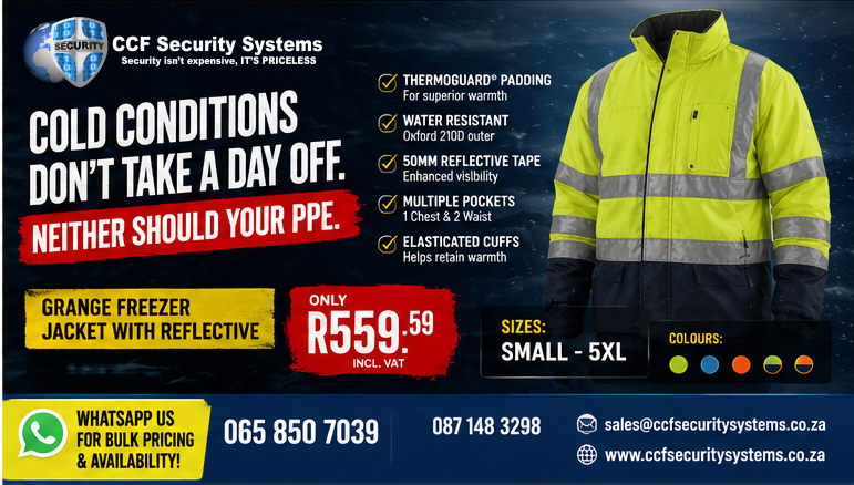 ccf_security's tweet photo. ❄️ Cold mornings on site?
Keep your team warm, visible &amp; protected this winter with the Grange Freezer Jacket With Reflective.
✔ Water resistant
✔ Thermal insulated
✔ Reflective safety strips
✔ Sizes S – 5XL

💥 R559.59 Incl. VAT
📲 WhatsApp: 065 850 7039 https://t.co/in31kWGgky