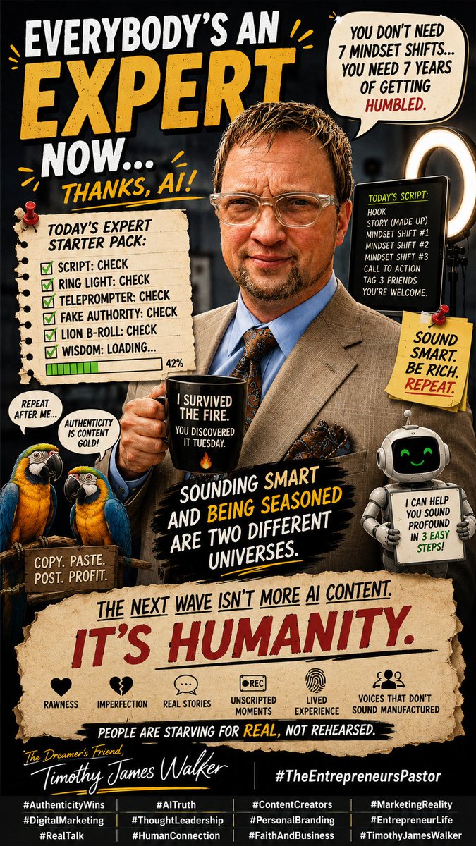WordMedia's tweet photo. 😂 The internet went from “nobody knows anything” to “everybody’s a millionaire life coach with a ring light and a teleprompter” in about 18 months.

What’s wild is… a lot of people don’t actually have wisdom now…
They have formatting.

AI gave people vocabulary…
But vocabulary is not victory.

You can usually tell the difference between someone who:
• lived through the fire
vs
• downloaded a prompt pack about the fire.

Half the internet sounds like...
“Here are the 7 mindset shifts that changed my life…”

Meanwhile, they discovered the topic on Tuesday afternoon. 😭

The crazy part?
Real people with REAL scars, REAL losses, REAL experience, REAL late nights, REAL betrayal, REAL sales calls, REAL ministry, REAL business failures… now have to compete with polished parrots reading cinematic captions over stock footage of lions walking in slow motion.

And yes… some of the content is helpful.

But there’s also a growing exhaustion people feel because of the following:
Authenticity is becoming more rare than information.

We’re drowning in:
• scripts
• hooks
• fake authority
• “thought leaders”
• recycled frameworks
• emotional manipulation disguised as wisdom

Everybody became an “expert” overnight because AI removed the friction of sounding smart.

But sounding smart and BEING seasoned are two different universes.

You can fake cadence.
You can fake branding.
You can fake confidence.

But you cannot fake:
• longevity
• discernment
• scars
• intuition
• spiritual depth
• experience under pressure

That stuff leaks through eventually.

I think the next wave is not “better AI content.”

It’s HUMANITY.

People are starving for...
• rawness
• imperfection
• real stories
• unscripted moments
• lived experience
• voices that don’t sound manufactured

The people who win in the long term won’t just be the best marketers…
They’ll be the people who still sound human in a world full of optimized robots.

The Dreamer’s Friend, 
Timothy James Walker
#TheEntrepreneursPastor

#AuthenticityWins
#AITruth
#ContentCreators
#MarketingReality
#DigitalMarketing
#ThoughtLeadership
#PersonalBranding
#EntrepreneurLife
#RealTalk
#HumanConnection
#FaithAndBusiness
#TimothyJamesWalker