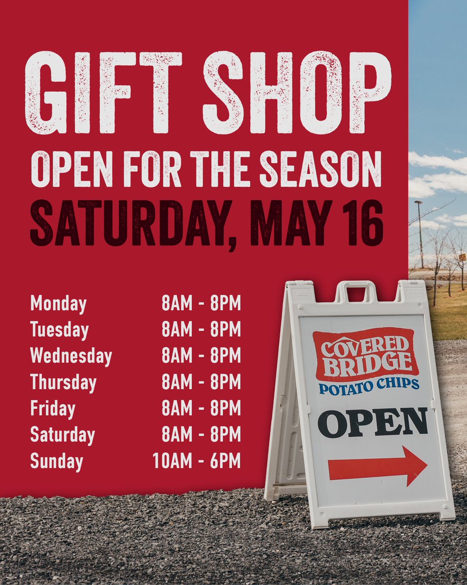 CBchips's tweet photo. GRAND OPENING! 🎉  

The Covered Bridge Chip Company Pop Up Gift Shop opens this Saturday, May 16! 🥔✨  

Join us to explore your favorite chip flavors, grab some merch, and stock up on New Brunswick-made snacks!

📍 35 Alwright Court, Waterville, NB
📅 Date: Saturday, May 16 https://t.co/Fg7PSWFY9I