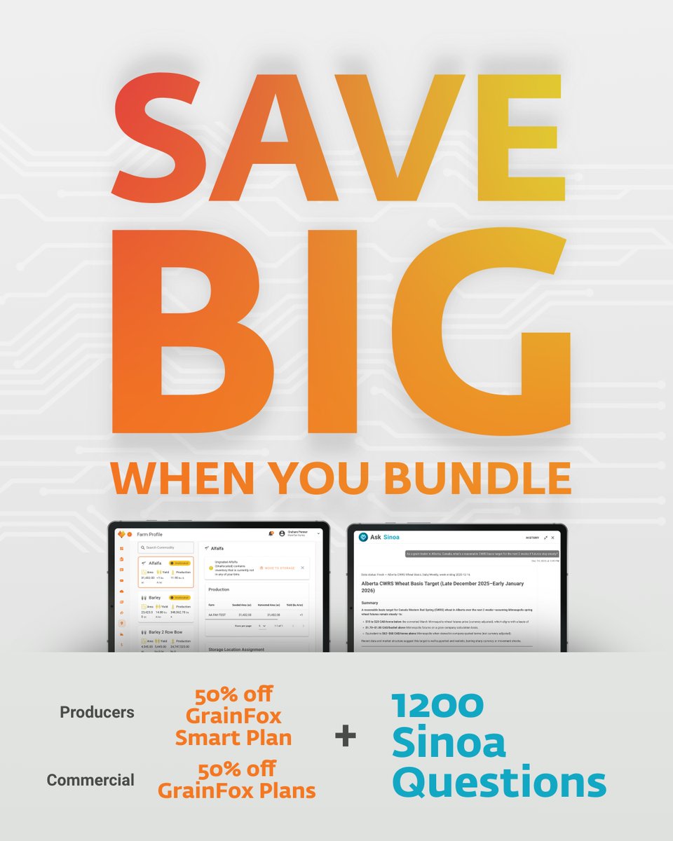 GrainFoxApp's tweet photo. Spring is go-time, &amp; GrainFox isn’t just a nice-to-have, it’s a necessity this season.

For a limited time:
💰 Producers: 50% off Smart Plan + 1,200 Sinoa questions
💰 Commercial: 50% off plans + 1,200 Sinoa questions

Offer ends May 31st ⏰ Sign up now - https://t.co/lVJTvqqxxQ https://t.co/So1tmjdea2