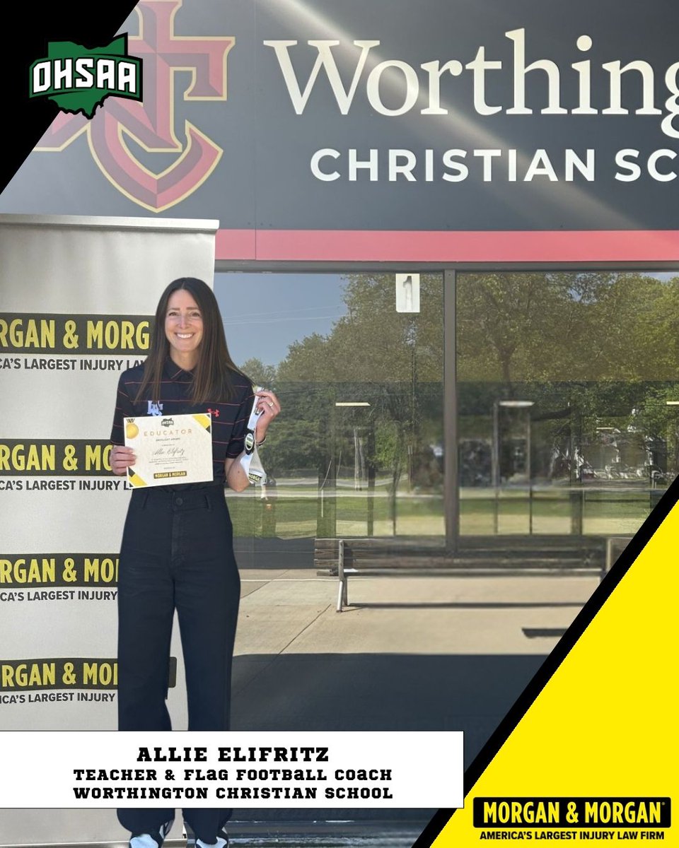 OHSAASports's tweet photo. β Spotlight Alert!
We're thrilled to shine a light on Allie Elifritz in our next #EducatorSpotlight sponsored by Morgan & Morgan, @forthepeople! Allie has been teaching for 17 years and is now committed to building a reputable girl's flag football program for her school. Her dedication to her school, the community, and most importantly her students has inspired us all. Let's give her a round of applause! π