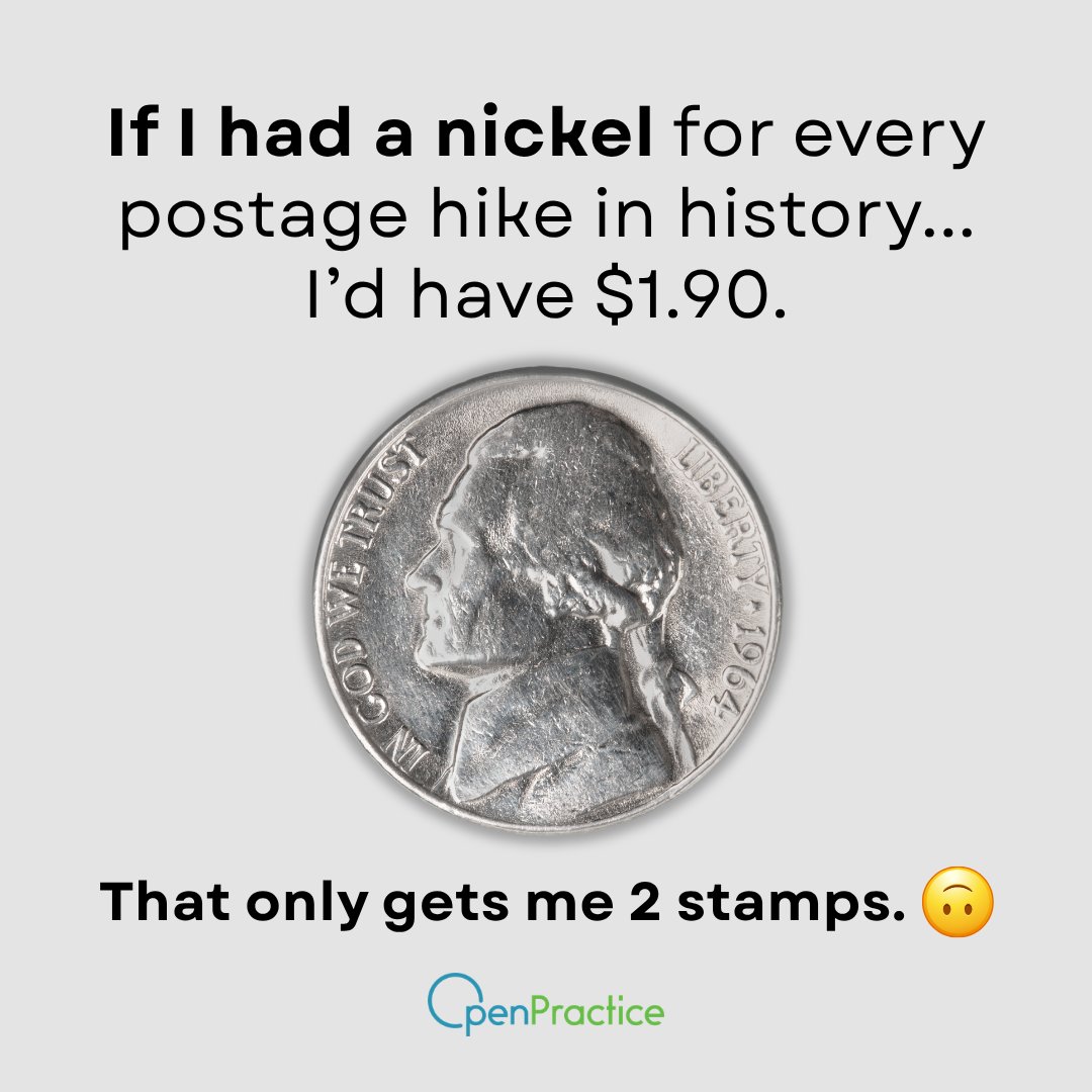 OpenPMNews's tweet photo. Yikes! And at this rate, we’re going to need a bigger coin jar.

USPS is increasing postage prices again on July 12th, bringing the cost of a single stamp to 82¢.

It’s getting harder to justify that 'paper trail' when it's paved in 82¢ stamps. ✉️ https://t.co/1hs94VTwaw