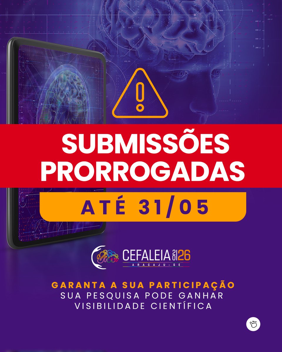 SBCefaleias's tweet photo. ⚠️ Prazo prorrogado! Até 31/05 você ainda pode submeter seu trabalho científico para o Congresso Cefaleia 2026. ⏳🧠

⏰ Prazo final: 31/05
🔗 Garanta sua participação e envie seu trabalho (Link na Bio):

https://t.co/0ik56JFAOi https://t.co/3CAyTONUhs