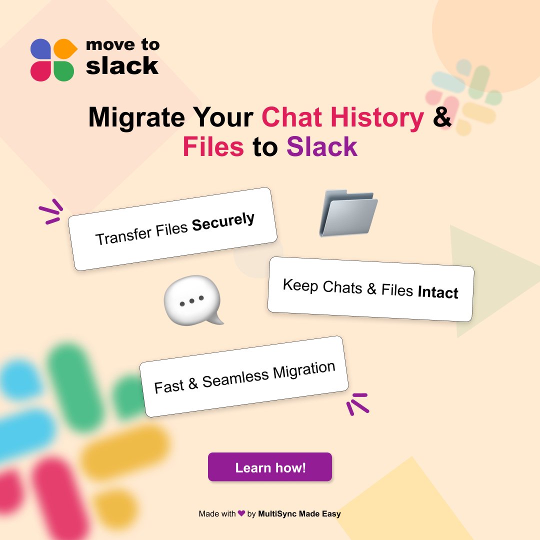 Multisynceasy's tweet photo. Move your team chats and files to @SlackHQ  with an easy, reliable transfer process that keeps everything organized during the switch.

Read the process -  https://t.co/mmLVkXFnbU

#Slack #DataMigration #RemoteTeams https://t.co/HjQqgasrQs