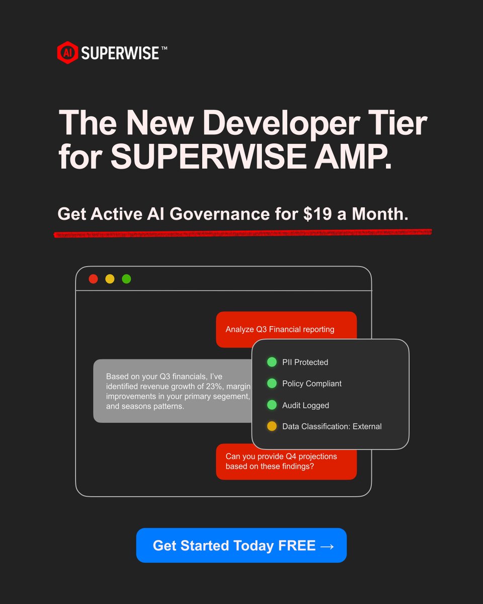 SuperwiseAI's tweet photo. AI agents are getting deployed faster than most teams can govern them.
That is why we introduced the new Developer tier for SUPERWISE AMP.
Build faster. Govern from day one.

➡️ https://t.co/892DUu91qO

#AI #ArtificialIntelligence https://t.co/3jI8KG0XO7