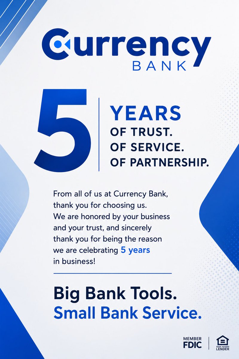 _CurrencyBank's tweet photo. Five years ago this month, Currency Bank opened with a vision to build a different kind of bank for Louisiana business owners. 

To our customers, shareholders, employees, and community… thank you for your trust over the past five years. https://t.co/xdd6EnPfOF