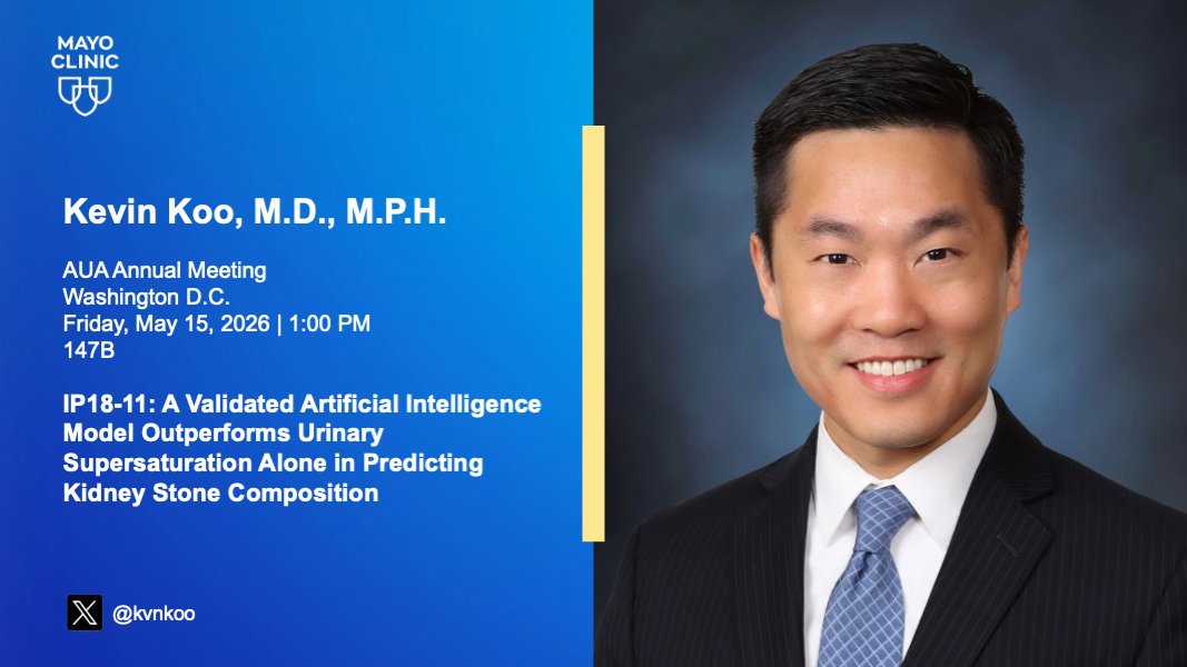 MayoUrology's tweet photo. Join @Kvnkoo today at #AUA26 presenting "A Validated Artificial Intelligence Model Outperforms Urinary Supersaturation Alone in Predicting Kidney Stone Composition"
⏰ Friday, May 15 - 1 pm 
@AmerUrological #Urology #KidneyStones https://t.co/v2SjY99RkV