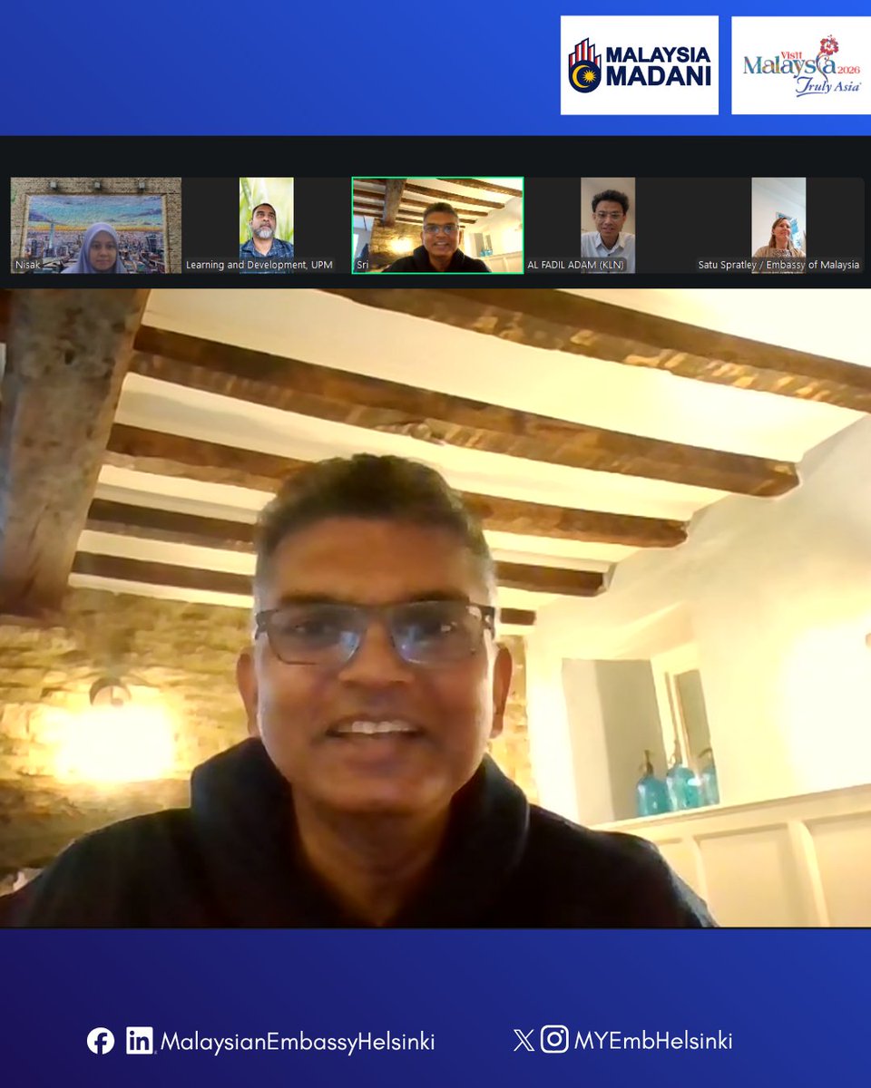 MYEmbHelsinki's tweet photo. The Embassy of Malaysia participated in an online meeting with Universiti Putra Malaysia (UPM) to discuss prospective academic collaboration with Aalto University. The initiative reflects continued efforts to strengthen Malaysia–Finland cooperation in higher education. https://t.co/geJnbO4Kfb