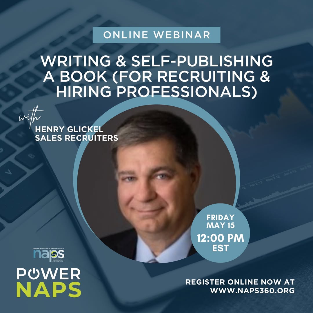 NAPS360's tweet photo. Reminder! Our next Power NAPS webinar is TODAY at 12pm EST. This session, by Henry Glickel w/ @SRIRecruiters, will guide recruiting professionals through the complete journey of writing &amp; self-publishing a book—from idea to launch. Register by 11am EST 👉 https://t.co/vHHM1ZKBTb https://t.co/AmtZp10eNE