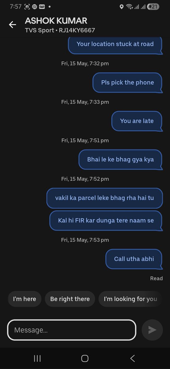 ymu_1983's tweet photo. need urgent help,@Uber_Support Ur rider take parcel today at 6:40pm at Jaipur,Now he is not reachable also his location not moved to destination. Also not answer of massage. M going to file FIR in local police thana. #help #uber 
@PoliceRajasthan @jaipur_police @Uber_India @Uber https://t.co/yfGaDfDMXB