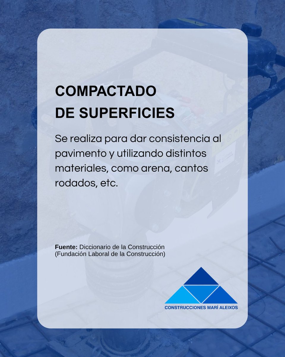 ConsMariAleixos's tweet photo. 📘 Compactado de superficies: Se realiza para dar consistencia al pavimento y utilizando distintos materiales, como arena, cantos rodados, etc. (Fuente: Diccionario de la Construcción).

🔗 Nuestra web: https://t.co/rJEPyziFl3 https://t.co/jZRvzGv41r