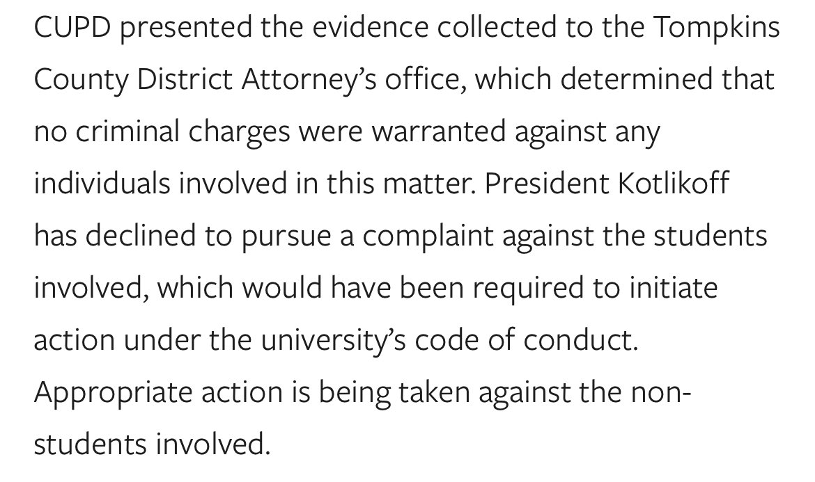 unionnick's tweet photo. Update: Cornell Trustees have completed their investigation into Cornell’s President, finding him innocent, and have concluded that Cornell police were independent in their investigation of their boss. Kotlikoff is kindly not retaliating against the students he hit with his car. https://t.co/tYdZJ6ncfr