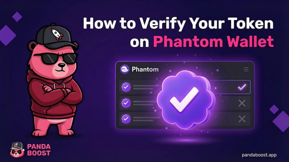 PandaBoostApp's tweet photo. 1/7 Your Solana token shows as "Unknown" in Phantom Wallet?

No logo. No name. No purple tick. Zero trust. 😩
Want that purple verification tick automatically?  

Phantom doesn’t accept applications - it pulls data from CoinGecko + Jupiter.  

Here’s exactly how to get it 👇