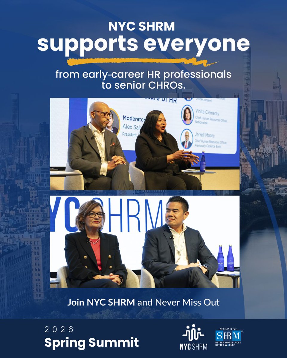 NYCSHRM's tweet photo. Whether you're just beginning your HR journey or leading at the CHRO level, NYC SHRM is built for every stage of your career.

Our 2026 Spring Summit CHRO Panel showcased the kind of senior-level insight, leadership conversations, and professional community that make NYC SHRM so valuable.

Loved the event but not a member yet? Join us at https://t.co/hOH0ZvY1FQ