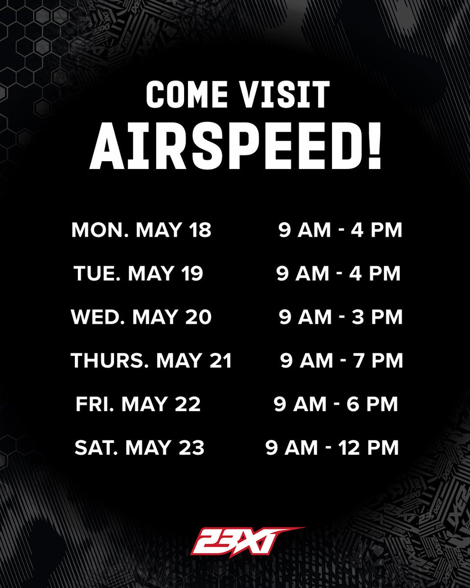 23XIRacing's tweet photo. 🏠🙌
Home race week? Come visit our home. Don’t miss out on any of the activities next week at Airspeed! https://t.co/jBy018OOEx