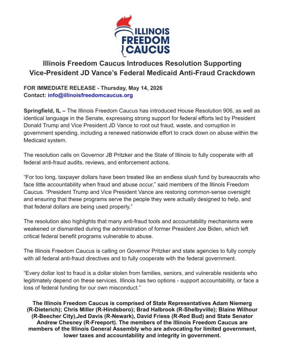 ILFreedomCaucus's tweet photo. 🇺🇸WE SUPPORT THE FEDERAL GOVERNMENT'S ANTI-FRAUD EFFORTS!

Thank You @JDVance! 
@JBPritzker must comply!
--
The Illinois Freedom Caucus has introduced language expressing strong support for federal efforts to root out fraud through a renewed nationwide effort to crack down on abuse within the Medicaid system.
@RepMaryMiller @freedomcaucus @SFC_Network