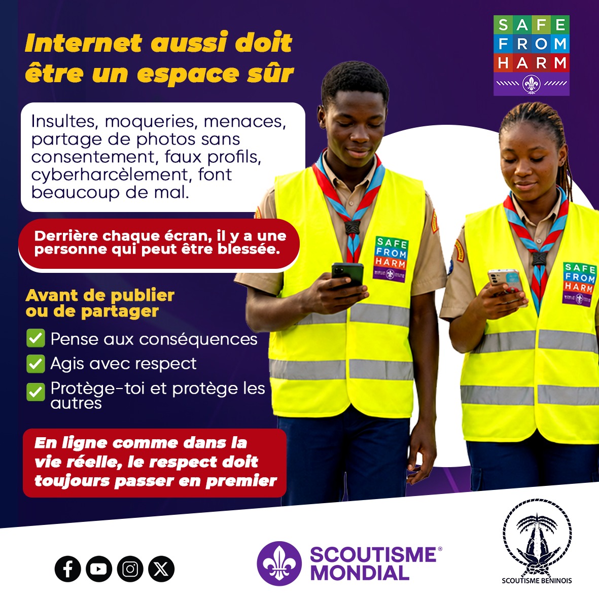 ScoutsBenin's tweet photo. 📱 Internet aussi doit être un espace sûr.
Moqueries, insultes, faux comptes, cyberharcèlement ou diffusion de photos sans autorisation peuvent faire beaucoup de mal.
Avant de publier : 🛑 réfléchis 🤝 respecte 🛡️ protège.
🔗 https://t.co/rRvgvVtUAd #ALabriDeLaMaltraitance https://t.co/V4bcDhf87x