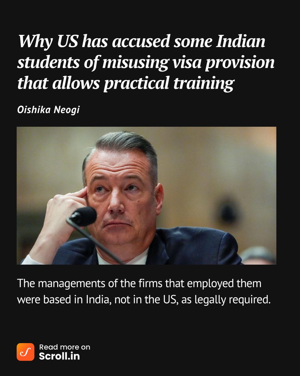 scroll_in's tweet photo. It is not clear what exactly prompted the agency’s investigation into #OptionalPracticalTraining fraud. According to Lyons, the agency has focused on this “rampant” issue “over the past year”.

https://t.co/333GGVjNTD

✍️Oishika Neogi