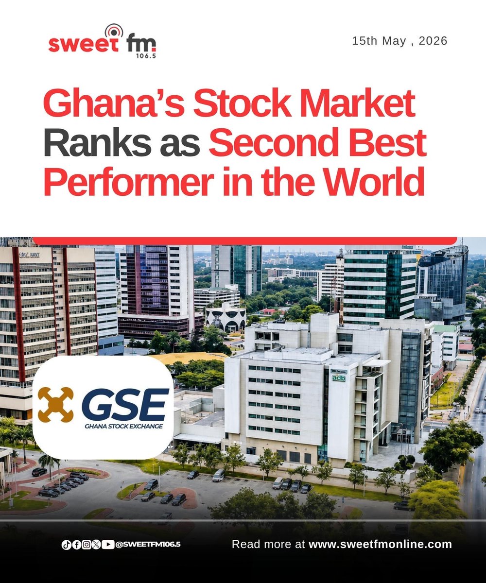 SweetFMOnline's tweet photo. Ghana’s Stock Market has been ranked the second best performing stock market in the world year-to-date, according to a Bloomberg report.

The Ghana Stock Exchange (GSE) Composite Index has soared 63.4% in local currency terms, placing it just behind South Korea’s market in global performance rankings.

This impressive rally underscores strong investor confidence, robust economic recovery, and positive momentum on the bourse.

#SweetFMOnline #GhanaNews #GSE #StockMarket #GhanaEconomy
