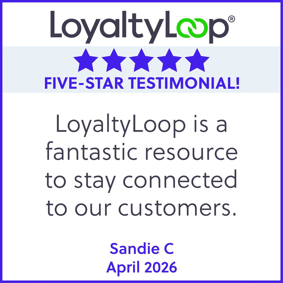 myloyaltyloop's tweet photo. Another five-star testimonial for LoyaltyLoop! Thank you, Sandie! https://t.co/HrdU8kaS8i