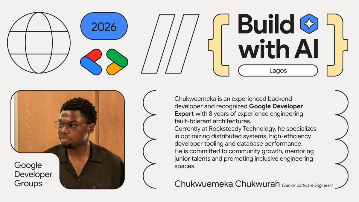 gdgcloudlagos's tweet photo. Spotlight Speaker: @chukwurah__ 

Building scalable AI systems takes more than hype; it takes engineering depth. Catch Chukwuemeka Chukwurah at 𝐁𝐮𝐢𝐥𝐝 𝐰𝐢𝐭𝐡 𝐀𝐈 𝐱 𝐃𝐞𝐞𝐩𝐒𝐭𝐚𝐜𝐤 tomorrow! 🔥

Secure your spot: https://t.co/53ZKSV4psQ
 #BuildWithAI #GDGCloudLagos https://t.co/uluulaQ8Z6