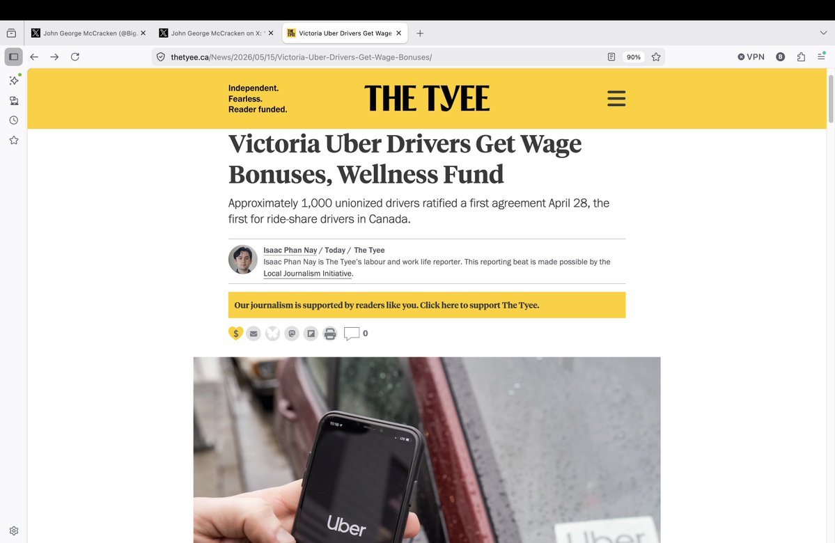 BigJMcC's tweet photo. @isaacnaynay Greater Victoria Uber Drivers have a new deal that includes bonuses, the ability to appeal customer ratings and a $500 fund that can be used on extended benefits or as sick pay. 

#bclab #canlab https://t.co/vuRwELkh1G https://t.co/h7bczLIYIu