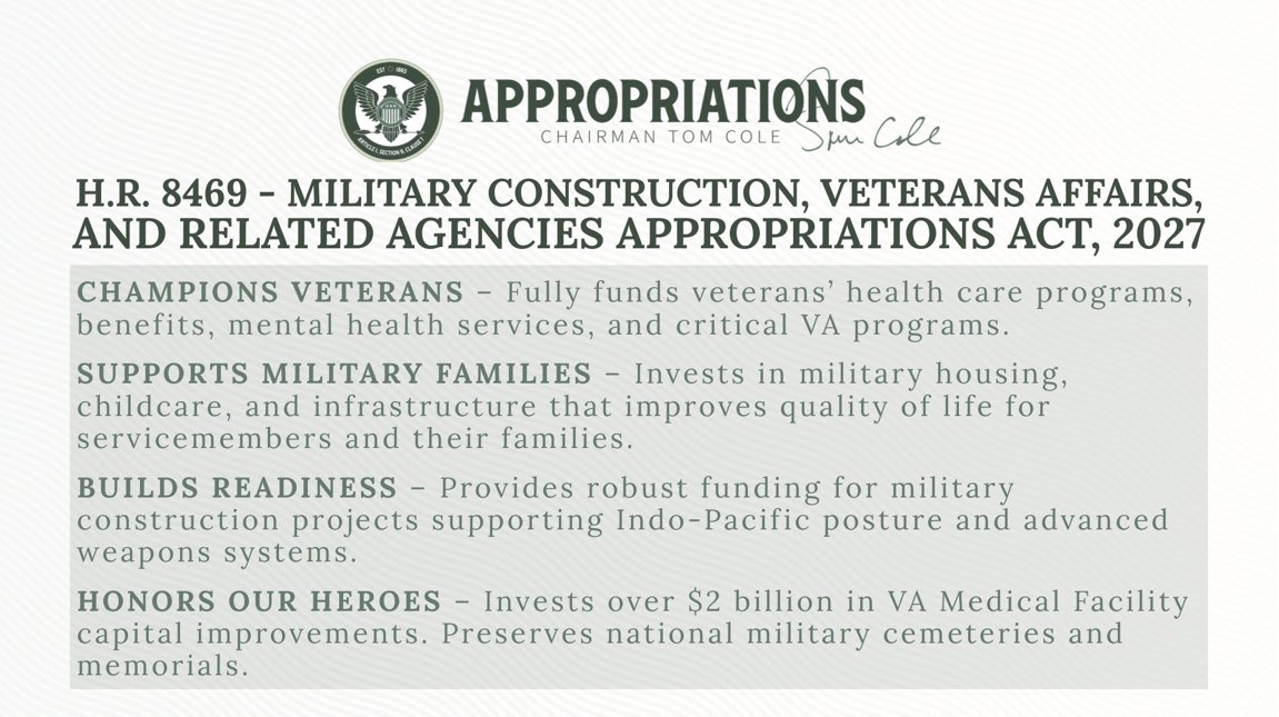 RepDaveJoyce's tweet photo. The FY27 Military Construction and Veterans Affairs Appropriations bill invests in the installations our forces depend on and supports our veterans at every step. I was proud to support this bill on the House floor, and I look forward to continuing my work with @HouseAppropsGOP to advance fiscally responsible funding bills.