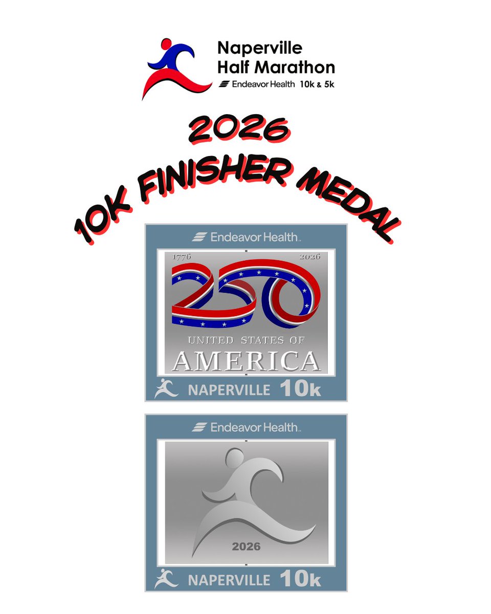 RunNaperville's tweet photo. Unveiling our 2026 Half, 10K, &amp; 5K medals in honor of America 250 — celebrating 250 years of history, resilience, &amp; community. 🇺🇸 

Featuring a spinning center element - Earn yours at the finish line! 🏁🏅

#America250 #finishermedal #USA #napervillehalfmarathonraces #naperville https://t.co/CAKsZnmSO9