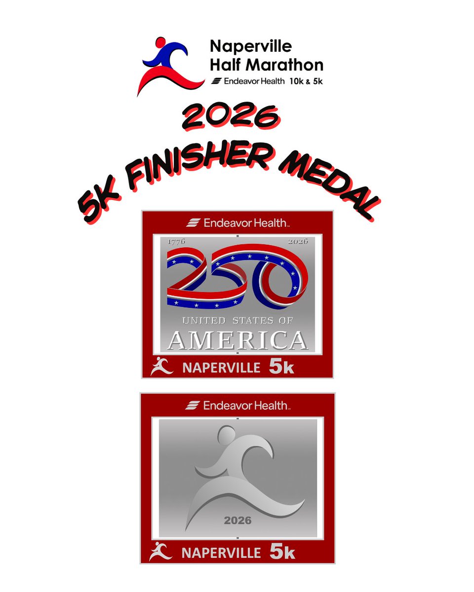 RunNaperville's tweet photo. Unveiling our 2026 Half, 10K, &amp; 5K medals in honor of America 250 — celebrating 250 years of history, resilience, &amp; community. 🇺🇸 

Featuring a spinning center element - Earn yours at the finish line! 🏁🏅

#America250 #finishermedal #USA #napervillehalfmarathonraces #naperville https://t.co/CAKsZnmSO9