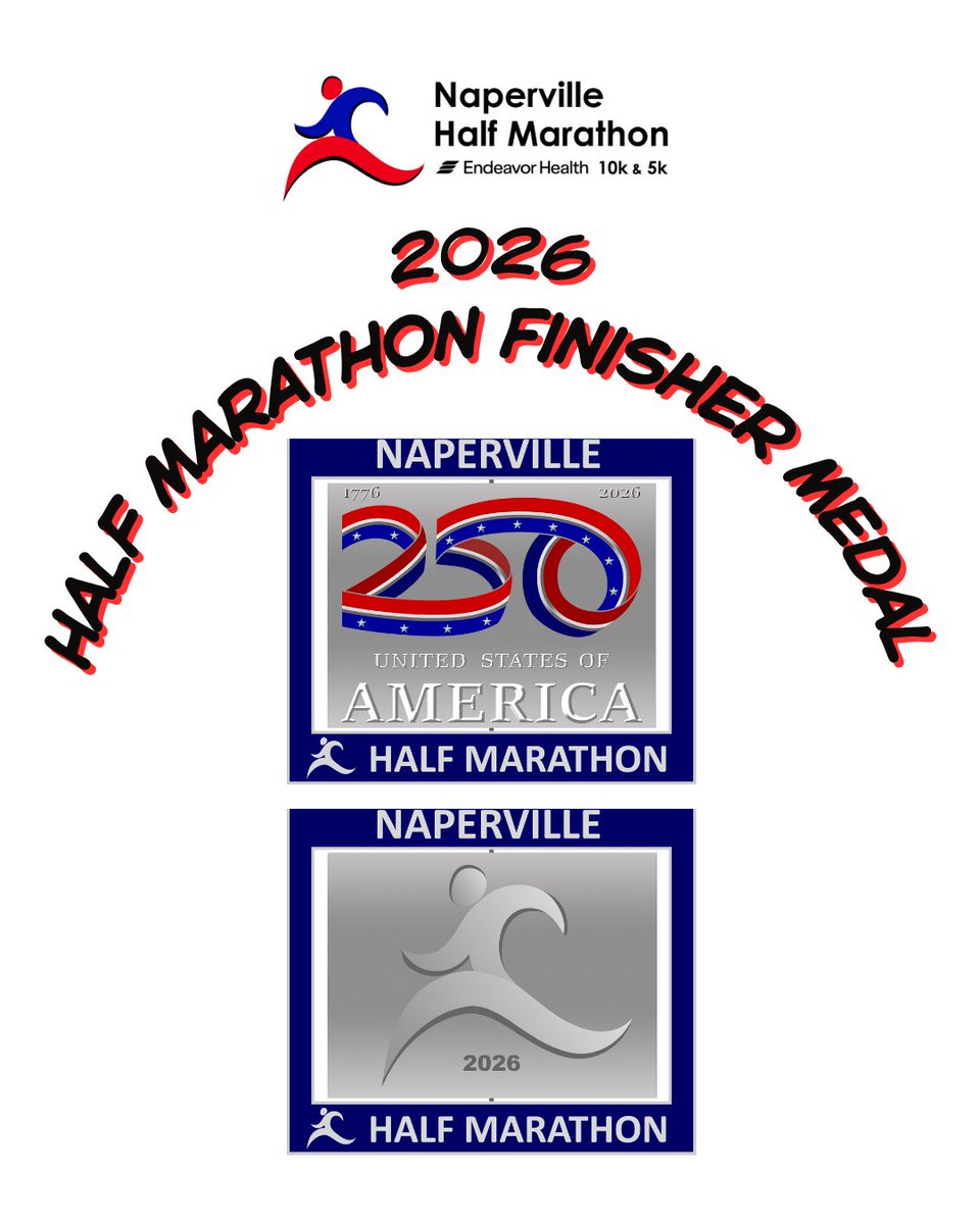 RunNaperville's tweet photo. Unveiling our 2026 Half, 10K, &amp; 5K medals in honor of America 250 — celebrating 250 years of history, resilience, &amp; community. 🇺🇸 

Featuring a spinning center element - Earn yours at the finish line! 🏁🏅

#America250 #finishermedal #USA #napervillehalfmarathonraces #naperville https://t.co/CAKsZnmSO9