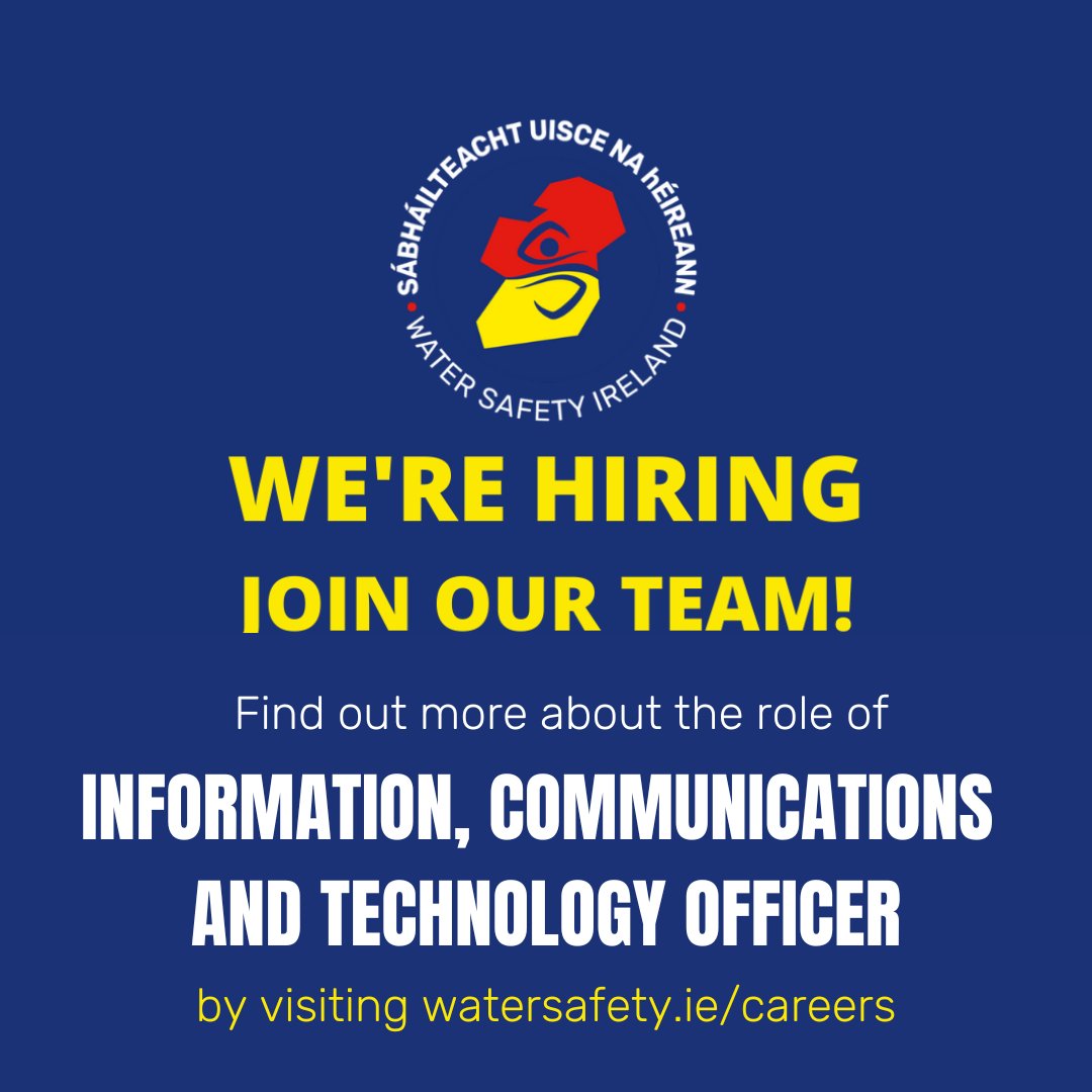 WaterSafetyIE's tweet photo. 📣 We’re hiring! 📣

Water Safety Ireland is seeking an Information, Communications and Technology Officer to join our team.

This is an exciting opportunity to play a key role in supporting communication systems, digital operations, and technology services that help promote water safety across Ireland.

For full details and how to apply please see the link in bio. 🔗

#Communications #Technology #WaterSafetyIreland