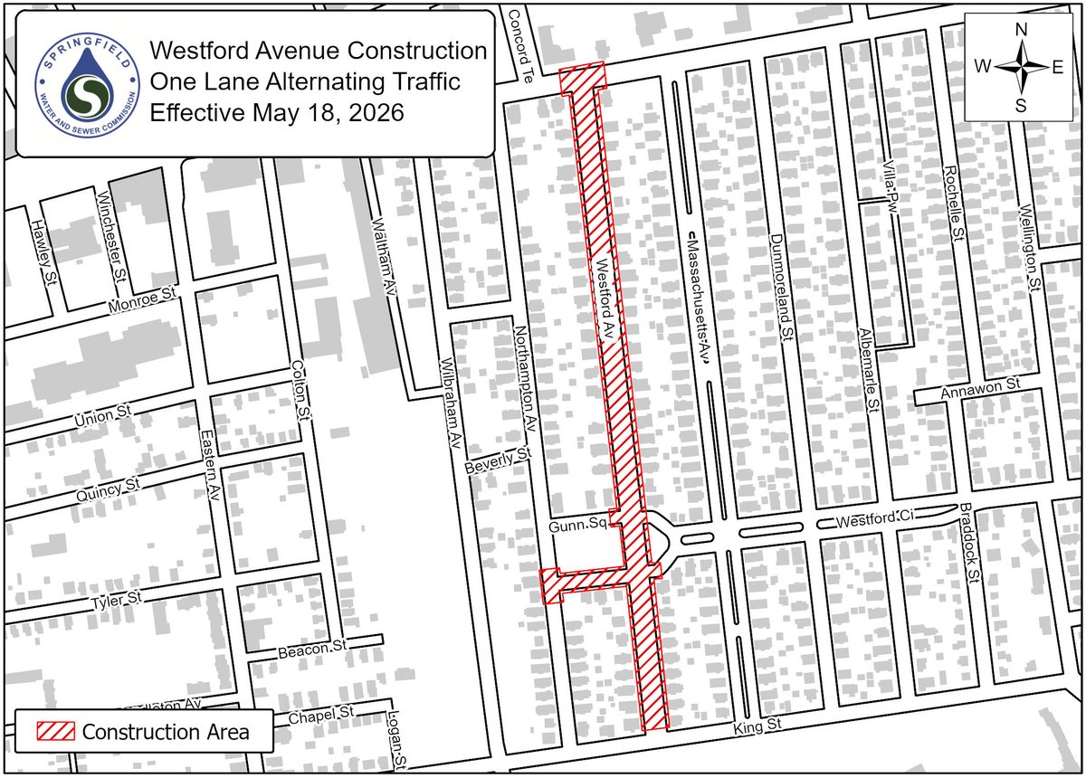 SpfldWaterSewer's tweet photo. Starting Mon 5/18 &amp; continuing through Nov, water pipes will be replaced on Westford Ave &amp; Gunn Sq. One-lane alternating traffic managed with signs &amp; police. SWSC thanks everyone for their patience. Call 413-310-3501 with questions. More info: https://t.co/K052XVyFZP https://t.co/9epu78izy9