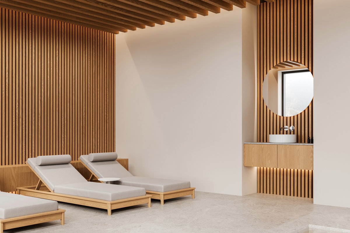 altispace's tweet photo. Transform relaxation area with the perfect blend of style &amp; silence. Our Laminate Acoustic Slat Walls and Beams bring a modern, neutral warmth to any spa environment.

🎨 Custom: 21 HPL finishes + custom colors

#altispace #beams #acousticslatpanels #baffles #acousticwallpanels https://t.co/p4xsVKmxm4