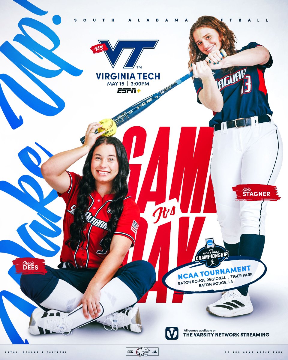 SouthAlabamaSB's tweet photo. 🆚 (5) Virginia Tech
⏰ 3 pm
📍 Tiger Park (Baton Rouge, La.)
Baton Rouge Regional
📊 https://t.co/l3l0aMKehd
📻 (The Varsity) https://t.co/UVwfW4feBF
📺 (ESPN+) https://t.co/oHjZwcqf5t

#LSF | #PlayForTheJ https://t.co/By46xy9gEW