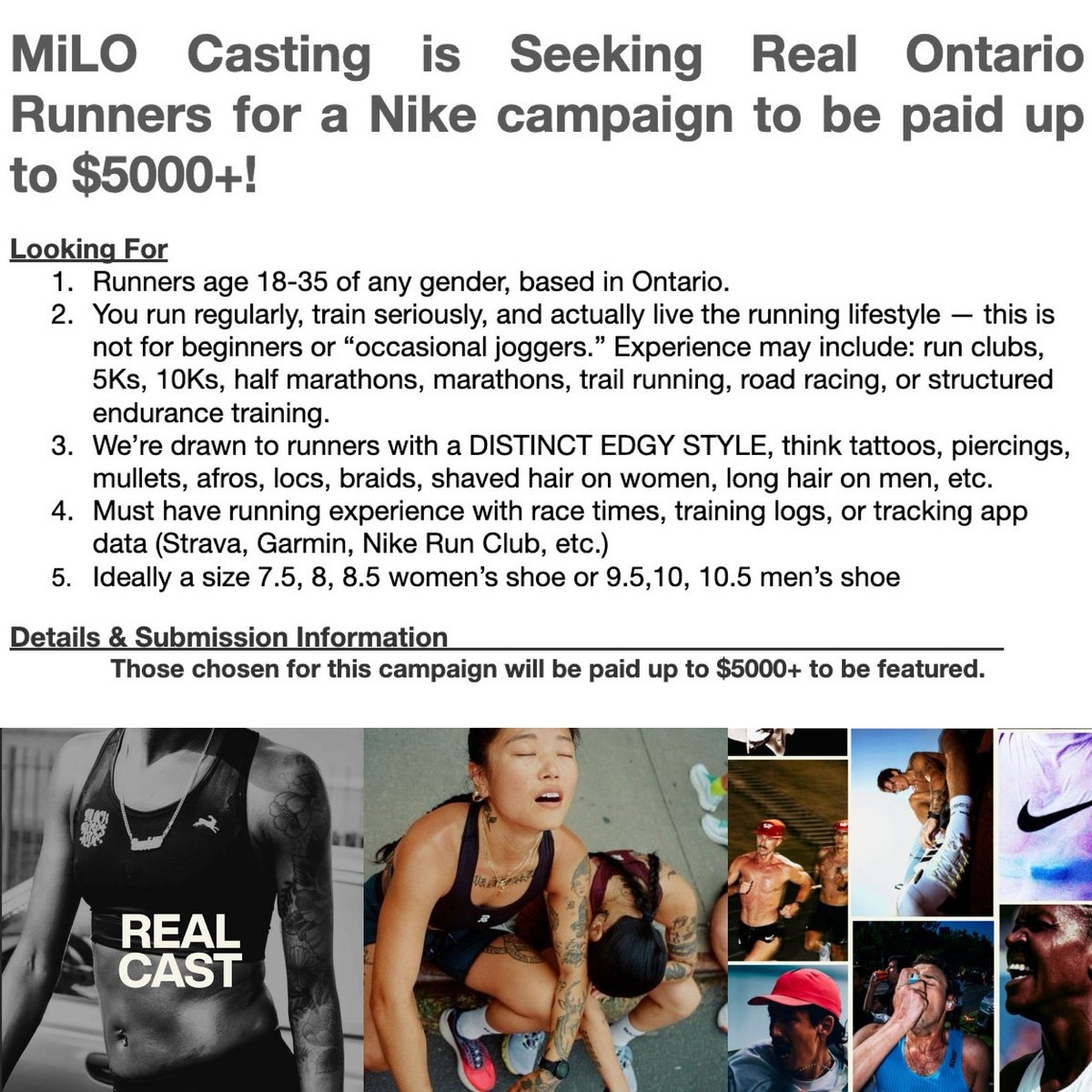 milocasting's tweet photo. Casting Call for RUNNERS for a Nike campaign! Runners with a distinct style is preferred!! Submit here: https://t.co/QnfVDKFcxY https://t.co/HzGu65qX9w