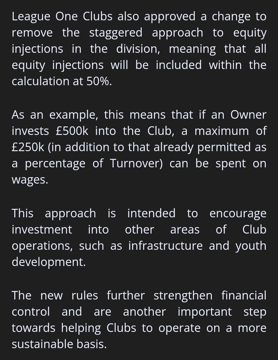 GasmanCOTN's tweet photo. EFL Statement: League One Clubs approve changes to Financial Control Rules
Manager costs included in SCMP, which has also changed from 60% to 50% of turnover (which include equity injection by owners) https://t.co/0oLfJnwISD