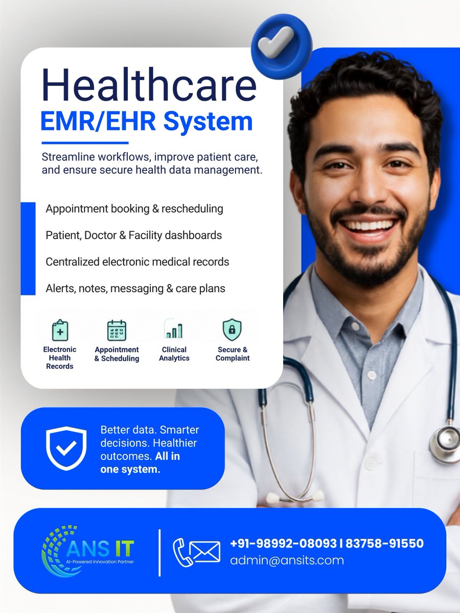 ServicesAns's tweet photo. 🚀 Transform Healthcare Management with a Smarter EMR/EHR System! 🏥💻
Simplify operations, improve patient care, and manage healthcare data securely all in one powerful platform.
📞 Contact Us: +91-98992-08093 | 83758-91550
📧 admin@ansits.com https://t.co/FBO8XQOOcJ