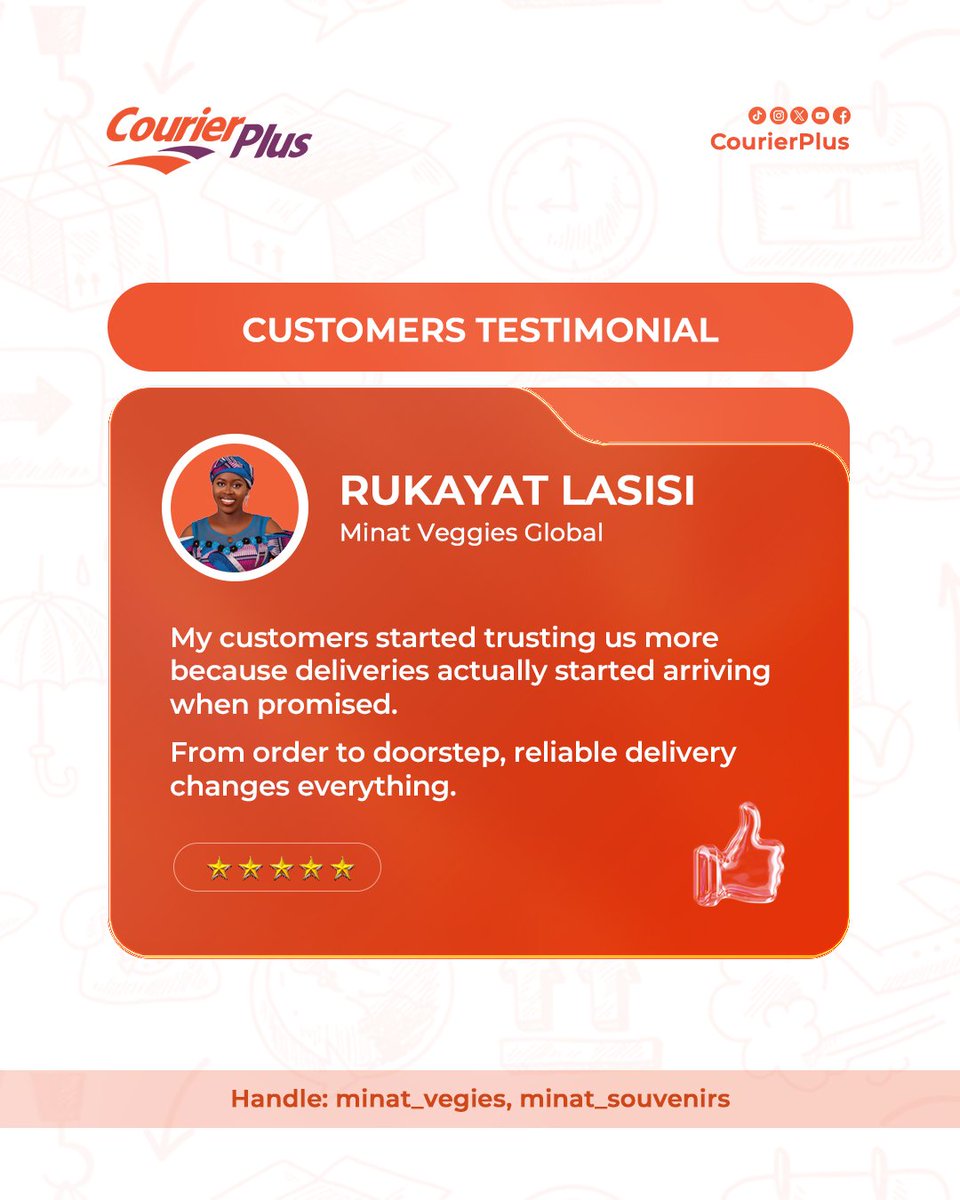 CourierplusNG's tweet photo. Real feedback from real people. 🤝📦
Keeping our service "top-notch" for you, always.
Download the app to start shipping! 💨
#courierplus #wekeepourpromise #logistics #customer'stestimony #testimony https://t.co/gyZZTGiz3N
