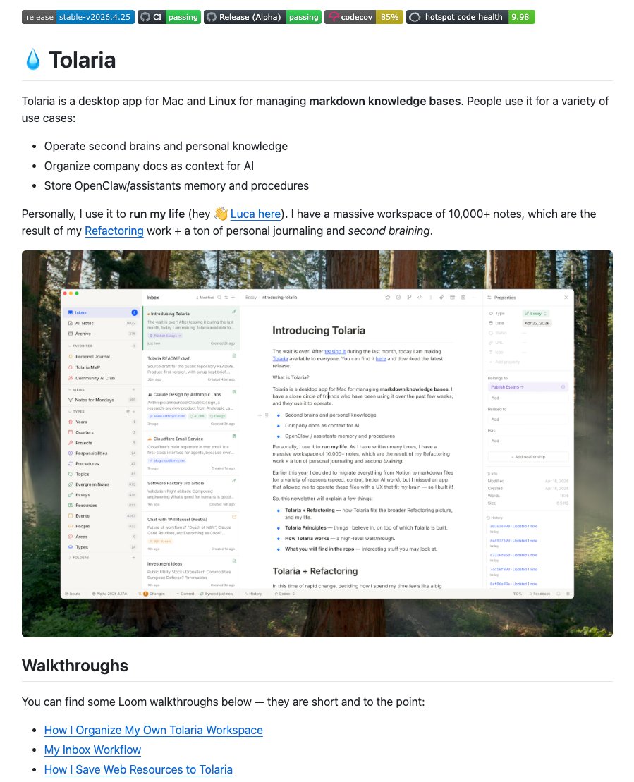 DataChaz's tweet photo. 🚨 @Karpathy's LLM wiki concept just became a real Mac app.

It is called Tolaria, a free desktop app for Mac and Linux.

The goal is simple: give humans and AI agents a shared, native environment to build knowledge.

It writes like a modern block editor, but saves everything as plain markdown.

No databases, no proprietary formats, no vendor lock-in.

And because every vault is a Git repo, you get visual version history built right into the app.

The project is also a massive showcase of what AI-assisted engineering can do:

→ Built with Tauri, React, and Rust
→ 100K+ lines of code shipped
→ 3,000+ tests at 85% coverage
→ 9.9/10 code health score
→ 70+ architecture decision records

It includes an out-of-the-box MCP server so tools like Claude Code can read and edit your vault natively.

The Tolaria name and logo remain covered by the project trademark policy.

Best part?

Open source, free forever, no account required 🔥

License: AGPL-3.0-or-later.

repo link in 🧵↓