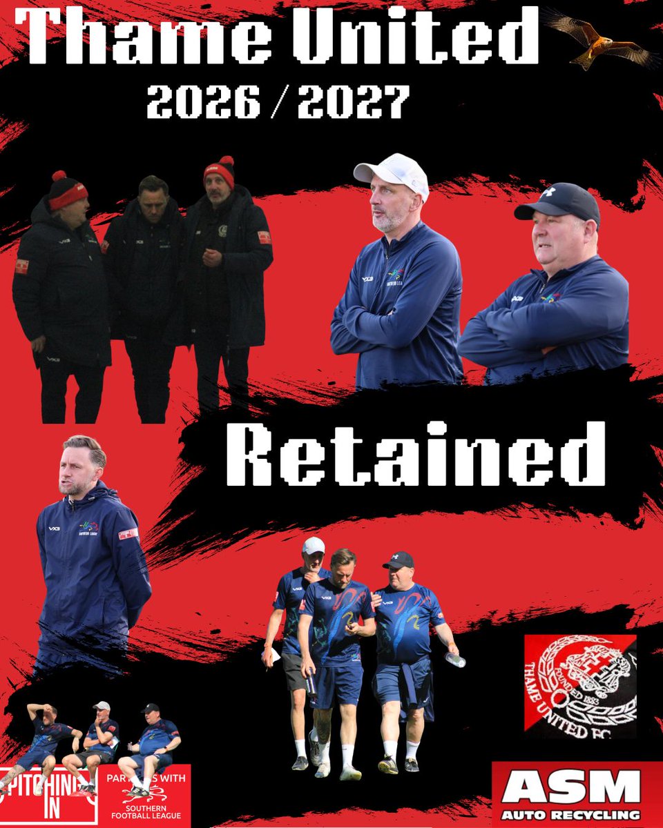 thameunitedfc's tweet photo. Thame United can confirm that Ben Williams, Michael Hogg and Ben Johnson will remain at the club for the 2026 / 2027 campaign. We are delighted they have agreed to continue in their first team roles and look forward to another season with them at the helm. 
👏👏

#ThameUtd|🔴⚫️ https://t.co/ntWlnNtnLT
