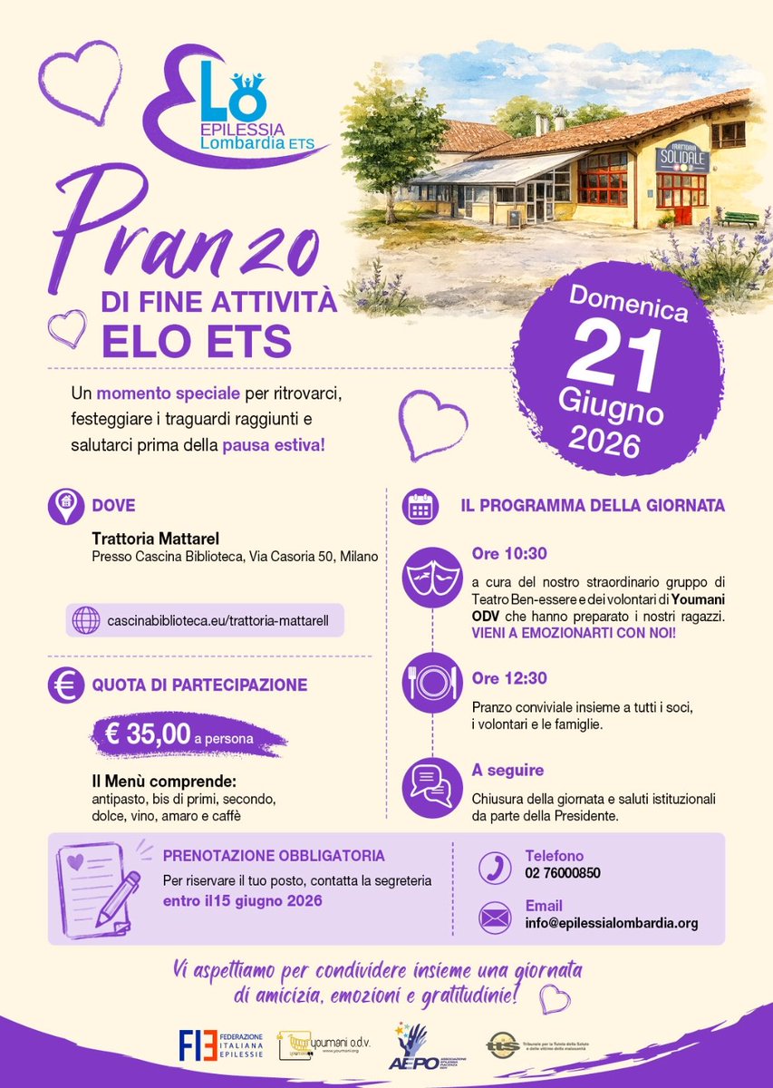 Elo_ETS's tweet photo. 💜  𝗘 𝗟 𝗼
𝗘𝗣𝗜𝗟𝗘𝗦𝗦𝗜𝗔 𝗟𝗢𝗠𝗕𝗔𝗥𝗗𝗜𝗔 𝗘𝗧𝗦

📢 Domenica 21 giugno 2026 ELO vi aspetta per il consueto pranzo di fine attività preceduto dallo spettacolo dei nostri ragazzi.
Per prenotazione:
☎️ Segreteria 02 76000850
📧 info@epilessialombardia.org https://t.co/IXwrmNcVrV