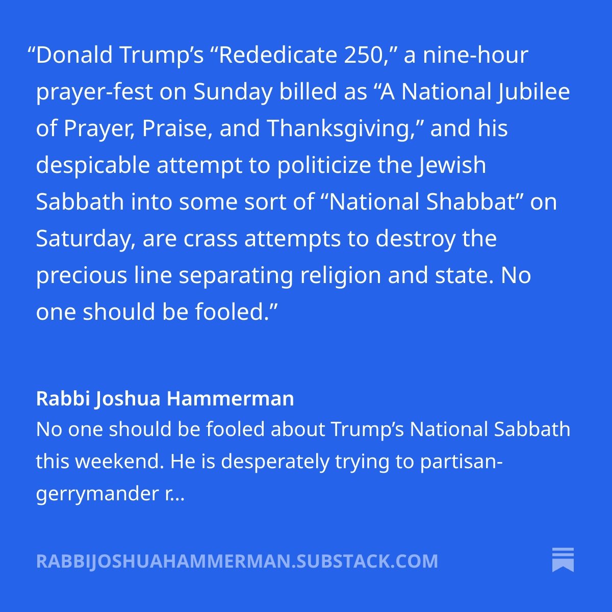JoshuaHammerman's tweet photo. No one should be fooled about Trump’s National Sabbath this weekend. He is desperately trying to partisan-gerrymander religion, even as he distorts its meaning., by @JoshuaHammerman https://t.co/c78vKehonr https://t.co/PrmbArRtiS